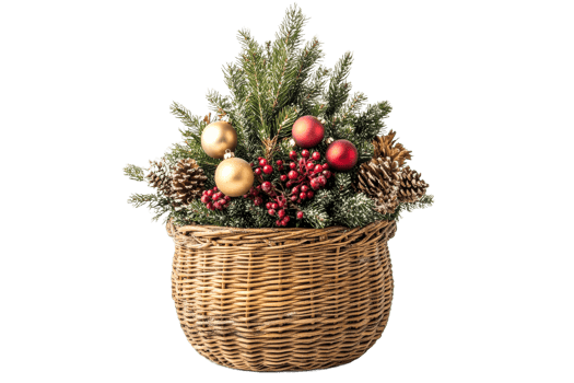 Festive basket filled with holiday decorations and greenery png