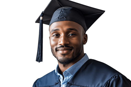 Young man celebrates graduation in cap and gown png