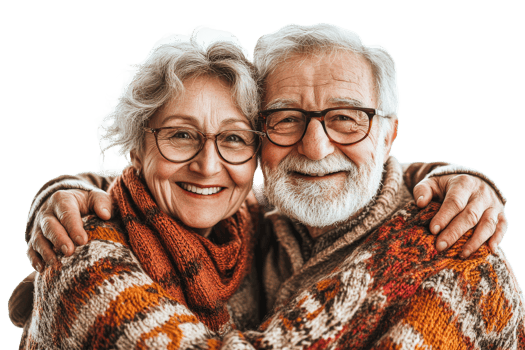 Elderly couple sharing a warm embrace with joyful smiles png