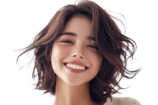 Young woman smiling with flowing hair, transparent bg png