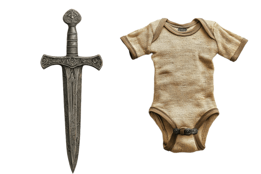 Unique juxtaposition of sword and baby onesie design png