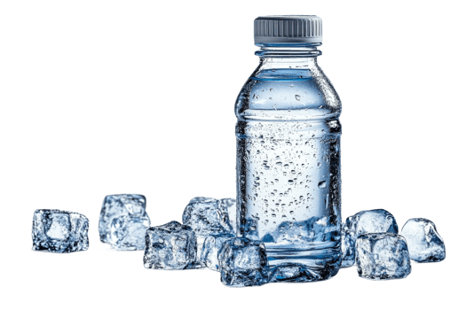 Clear water bottle surrounded by ice cubes on display png