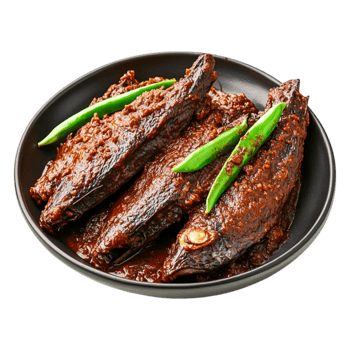Spicy Grilled Fish with Green Peppers Black Plate png
