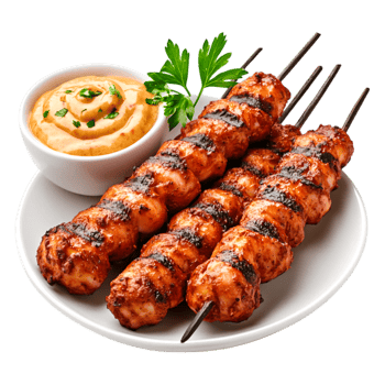 Grilled Chicken Skewers with Creamy Sauce on White Plate png