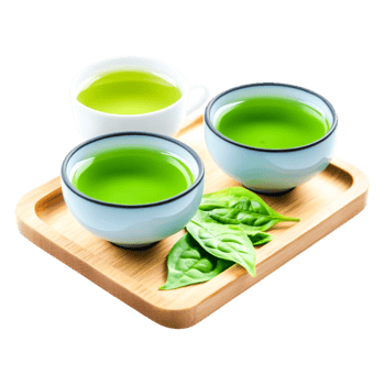 Fresh Green Tea in Elegant Cups on Wooden Tray with Green Leaves png