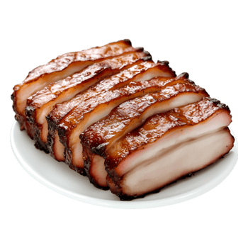 Sliced Barbecued Pork Belly on White Plate with Glazed Surface png