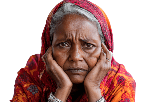 Elderly woman expressing concern in traditional attire png