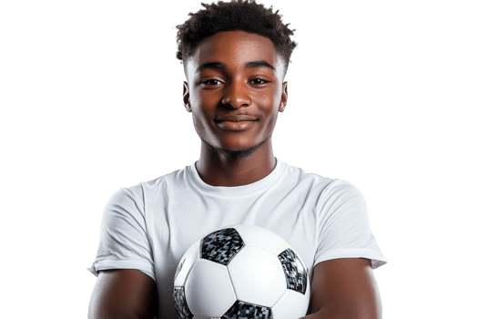 Young athlete with soccer ball on clear background png
