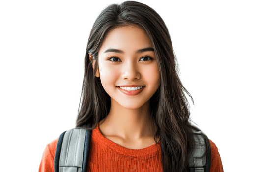 Young woman smiling with backpack on transparent background png