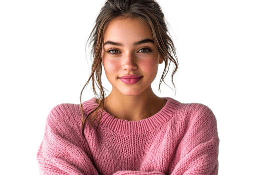 Young woman in cozy pink sweater with natural makeup png