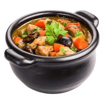 Delicious Gourmet Stew in a Black Pot with Fresh Vegetables and Herbs png