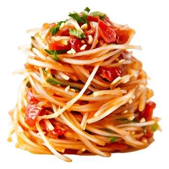 Delicious Pile of Colorful Spaghetti with Mixed Vegetables and Sauce png