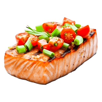 Grilled Salmon Fillet with Fresh Vegetables Topping and Garnish png