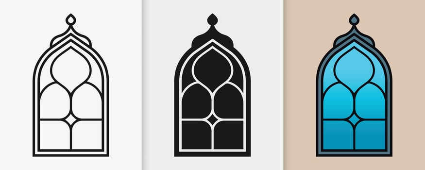 Islamic festival window designs in a stylish outline and silhouette composition vector