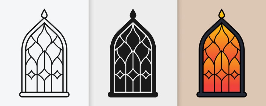 Decorative Islamic window patterns in outline and silhouette style for Eid celebrations vector