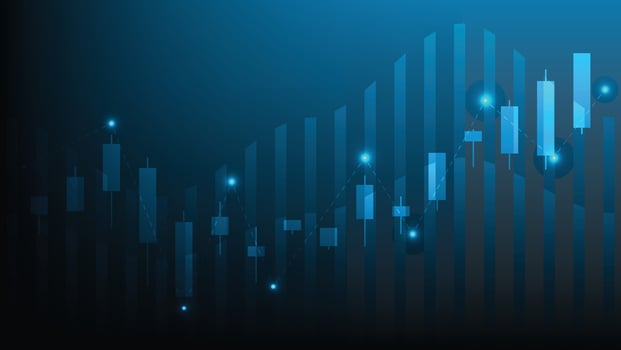 candlesticks chart and graphic bar graph on blue background vector