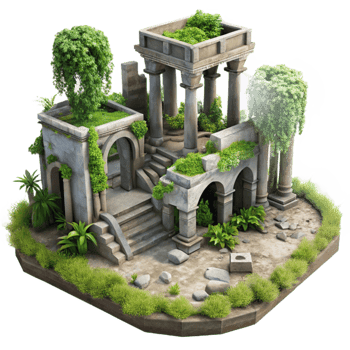 vibrant minimalist Overgrown City Ruins Transparent Background detailed png