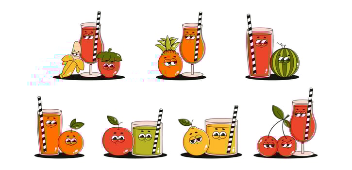 Retro groovy stickers of summer fruits and cocktails. Comic characters strawberry, lemon, banana, apple, pineapple, orange, cherry, watermelon. illustration vector