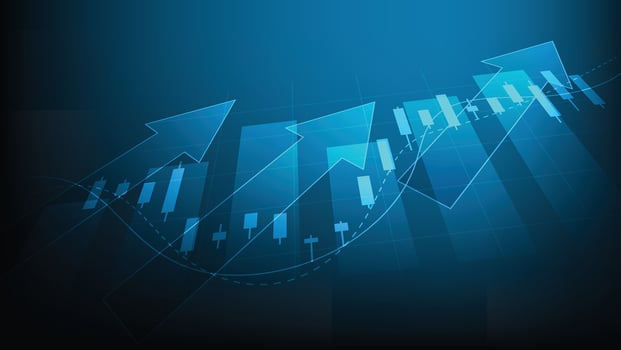 stock market trend with candlesticks and bar chart on blue background vector