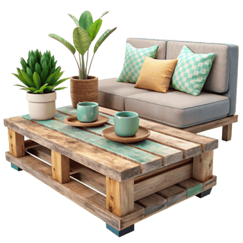 dramatic rustic Repurposed Wooden Pallet Coffee Table Living Room Setting Cutout exclusive png