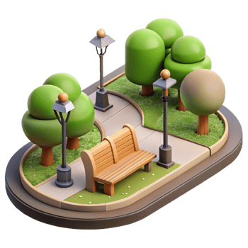 serene creative Side View of City Park Bench with Flowers Isolated high resolution png