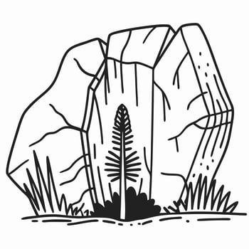 Abstract mountain landscape with trees and rock formations, black and white line art design vector