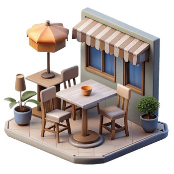 dramatic vintage Space Cafe Isolated with Tables and Chairs high quality png