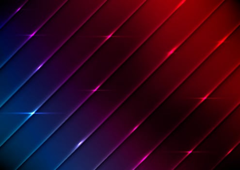 Futuristic abstract background with diagonal neon light metallic surfaces transitioning from deep blue to red hues, glowing reflections, cyberpunk aesthetic, illustration vector