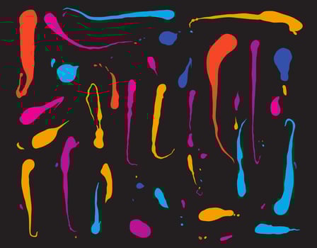 Set of acrylic abstract expressionism splatter. Style of drip painting. Colored art splatter. Illustration splatter color background. Bright splash splatter stain brush strokes. Vibrant spots. vector
