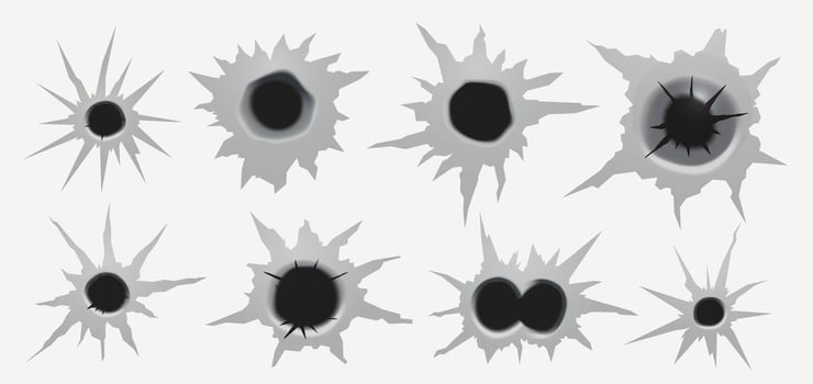 Set of bullet holes. Exploding bullet holes. Round damage with cracks from punching and exploding shells as symbol of danger and aggressive war. Torn holes illustration. vector