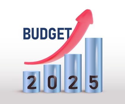 Budget 2025 text with red and blue color. Budgeting 2025 logo design. Banner design templates. 3D . Design for business, government agencies. Price rise. Indicators are rising. vector
