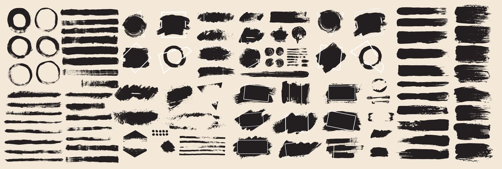 Big set of paint dot brush stroke, ink splatter, text frames, grunge line, artistic design elements. Social media, business banner art. Dirty overlay, watercolor splash, silhouette, torn paper. vector
