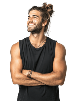 Relaxed Man with Man Bun Wearing Black Tank Top, Smiling, Isolated on Transparent Background png