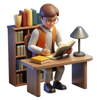 dramatic rustic Student Studying in Library Warm Lighting Isolated detailed png