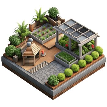 serene traditional Sustainable Community Garden Aerial View Isolated genuine png