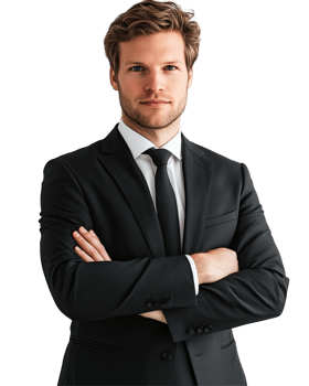 Confident Man in Black Suit with Arms Crossed, Isolated on Transparent Background png