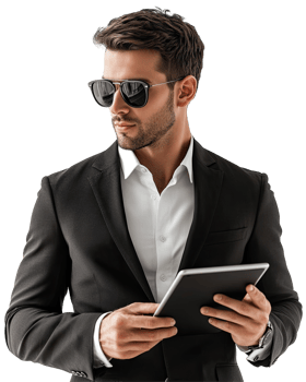 Trendy Businessman in Black Suit with Sunglasses, Holding Tablet, Isolated on Transparent Background png