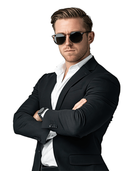 Cool Man in Black Suit with Open Collar Shirt and Sunglasses, Arms Crossed, Isolated on Transparent Background png