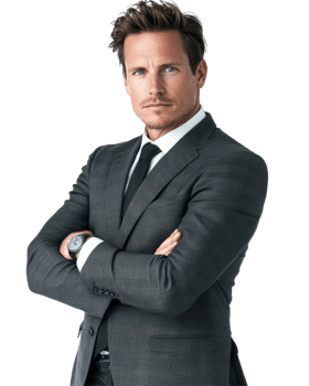 Professional Man in Grey Suit with Tie, Arms Crossed, Isolated on Transparent Background png