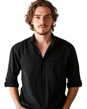 Casual Young Man with Shoulder-Length Wavy Hair in Black Shirt, Isolated on Transparent Background png