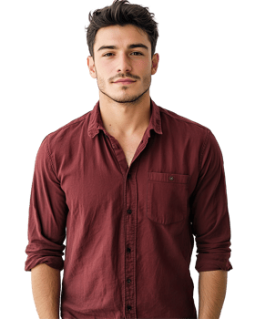 Confident Young Man in Maroon Shirt, Rolled-Up Sleeves, Isolated on Transparent Background png