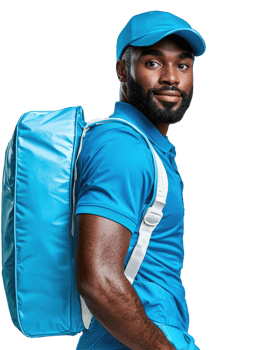 Black Male Courier in Blue Uniform with Delivery Backpack, Focused and Professional, Isolated on Transparent Background png