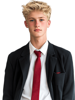 Stylish Teenager in Black Suit with Red Tie, Confident Look, Isolated on Black Background png