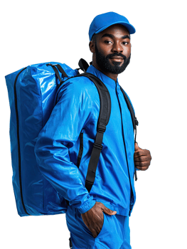 Black Male Courier in Blue Uniform with Backpack, Confident and Reliable, Isolated on Transparent Background png
