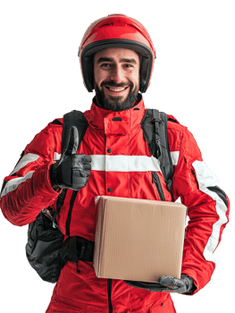 Smiling Delivery Man in Red Uniform with Box, Friendly and Professional, Isolated on Transparent Background png