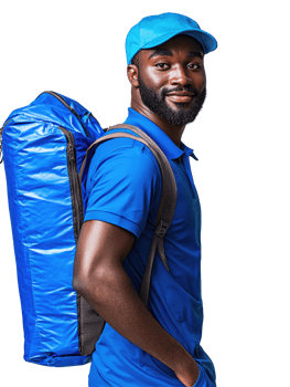 Black Male Courier in Blue Uniform with Backpack, Confident and Ready, Isolated on Transparent Background png