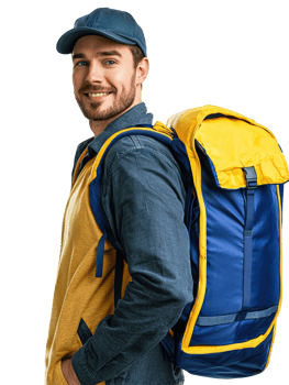 Confident Male Courier in Blue Uniform with Yellow Backpack, Delivery Service, Isolated on Transparent Background png