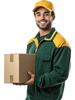 Smiling Delivery Worker in Green and Yellow Uniform Holding Box, Friendly and Trustworthy, Isolated on Transparent Background png