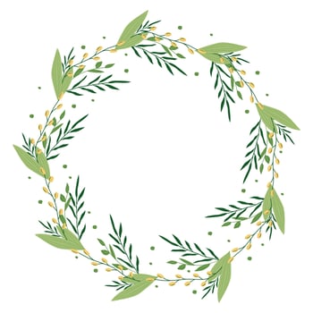 A wreath of green leaves and twigs. Natural round frame with beautiful greenery. An illustration on a white background with space for text. For decoration, invitations and postcards, advertising. vector