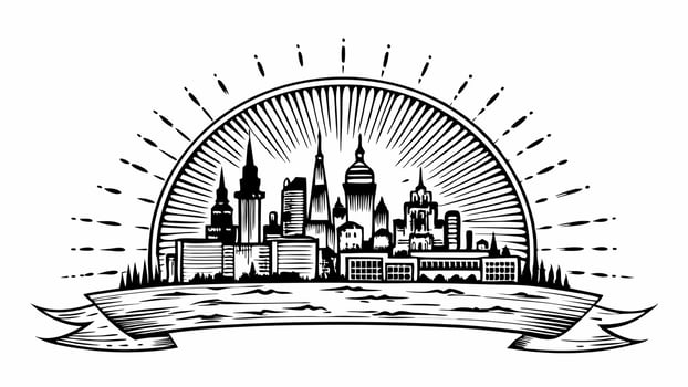 Vintage Cityscape Skyline with Sunburst and Banner Illustration vector